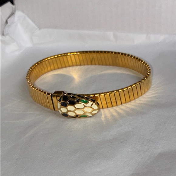 Jewelry - Gold-Tone Snake Head Stretch Bracelet with Enamel Accents